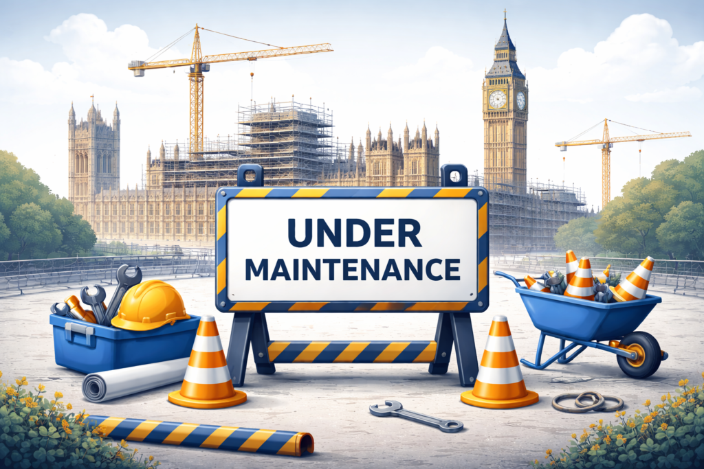 Illustration of Westminster under maintenance with scaffolding and a maintenance sign.