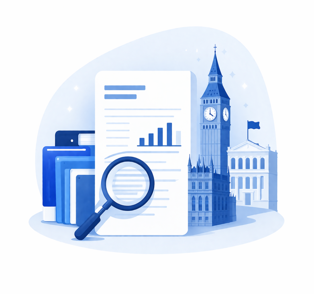 Illustration of official documents and records being analysed, representing public information sources
