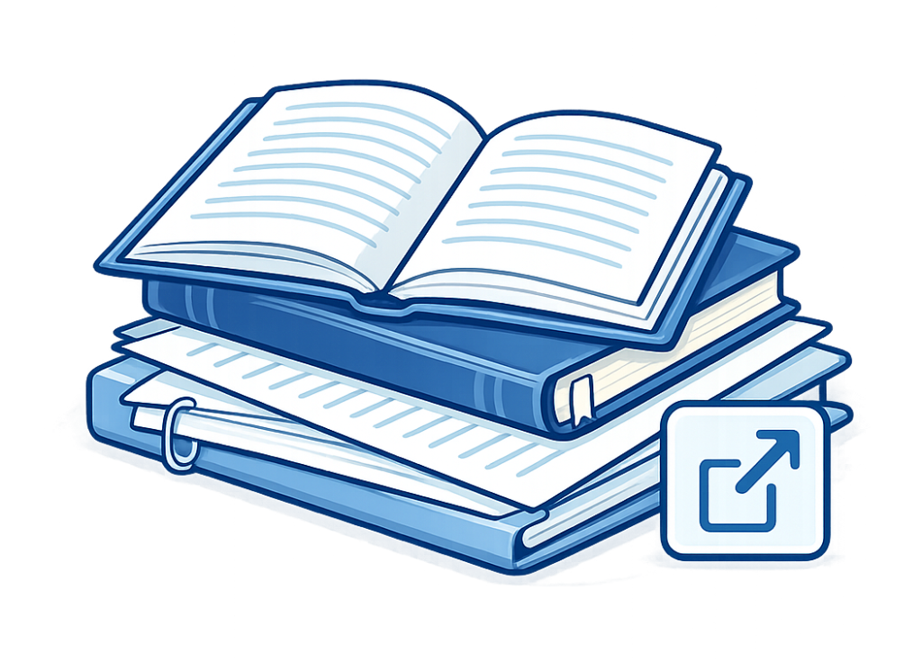 Learn More page illustration showing books, documents and an external link symbol