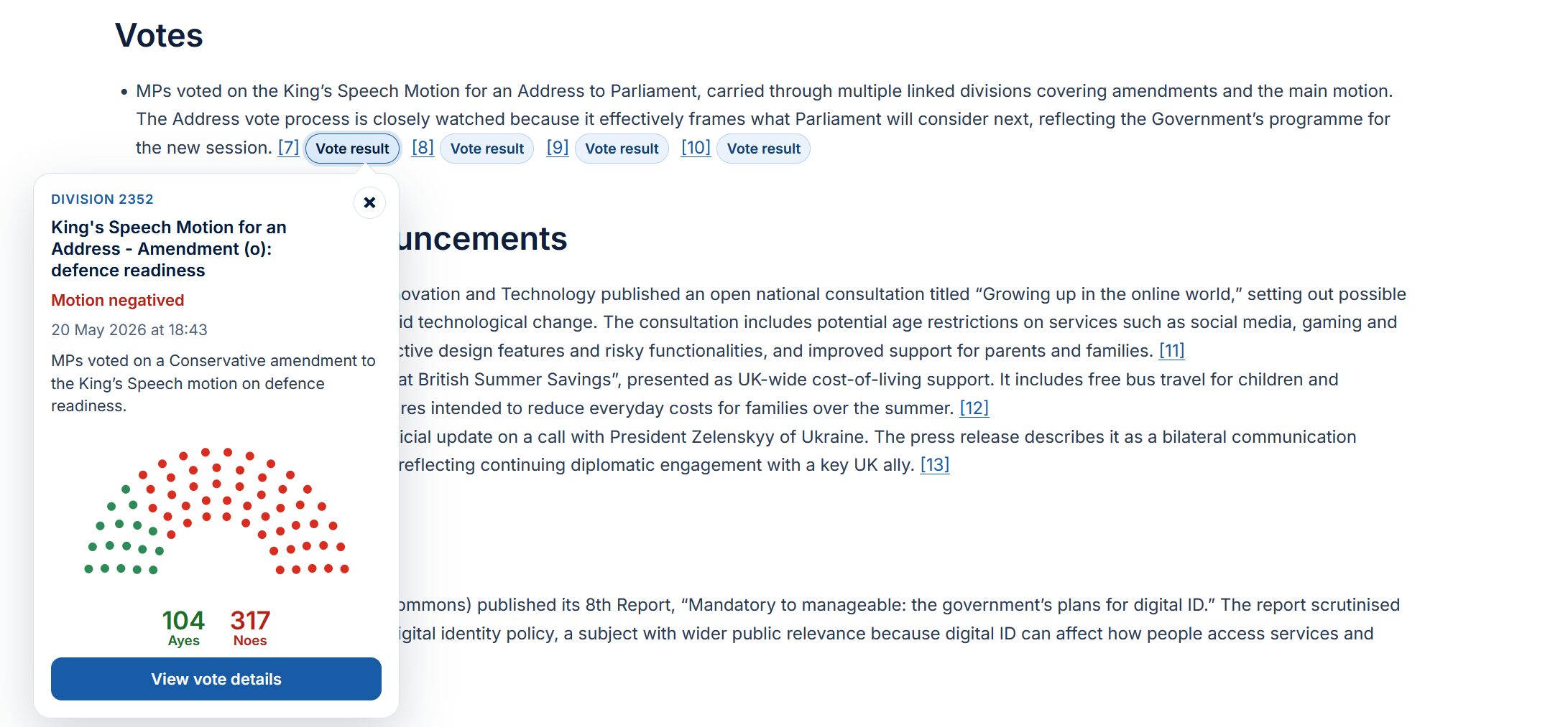 Screenshot of a Project Open Gov daily summary with an in-context vote result pop-up showing Division 2352, the vote outcome, Ayes and Noes totals, and a link to view full vote details.